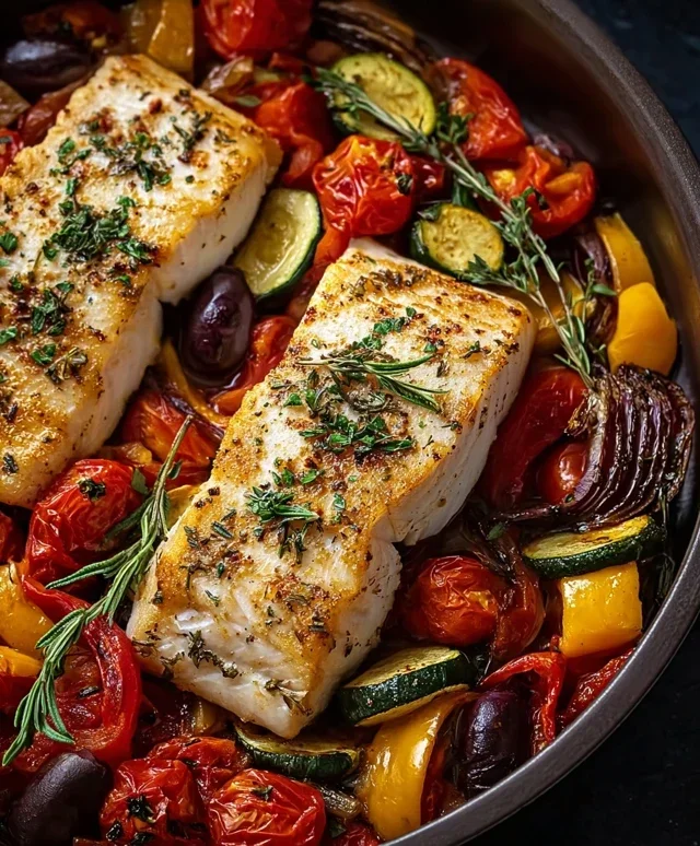 Mediterran gebackene Fischfilets Gemüse