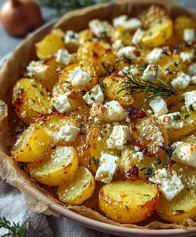 Geröstete Kartoffeln mit gebackenem Feta und Knoblauch genießen!