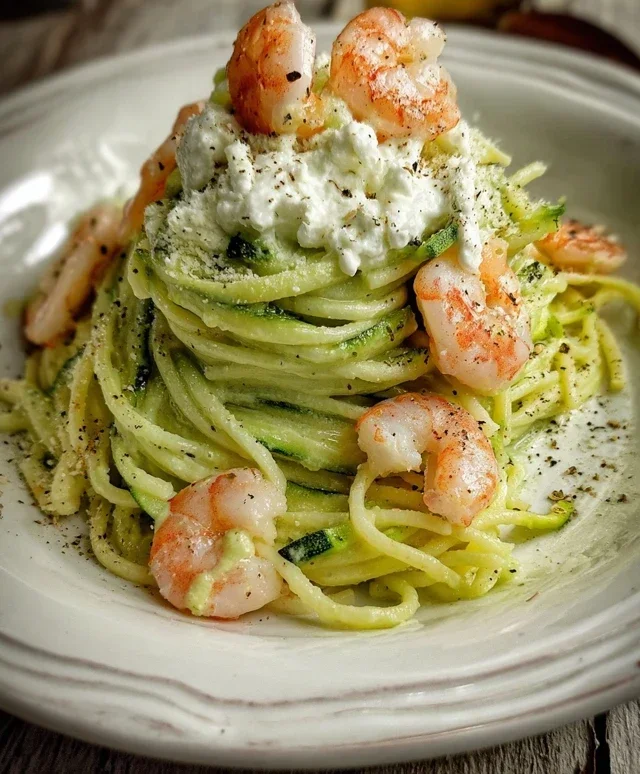 SPAGHETTI CON CREMA DI ZUCCHINE, STRACCIATELLA E GAMBERI