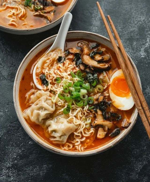 Kimchi Noodle Soup with Dumplings