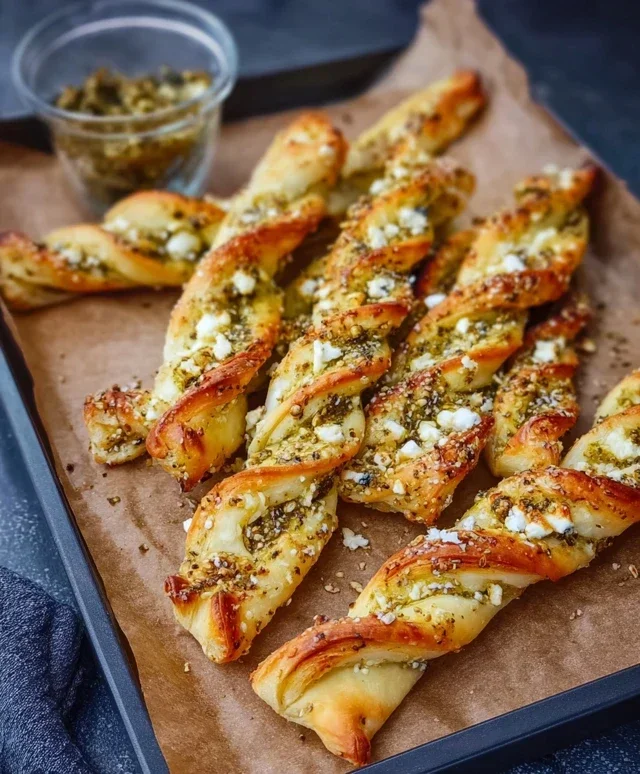 Blätterteigstangen mit Pesto und Feta Rezept genießen!