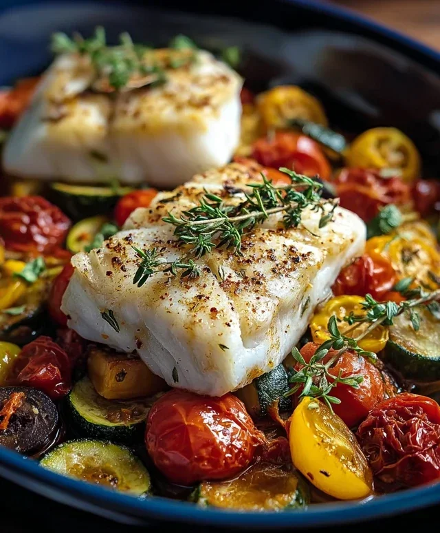 Mediterran gebackene Fischfilets Gemüse