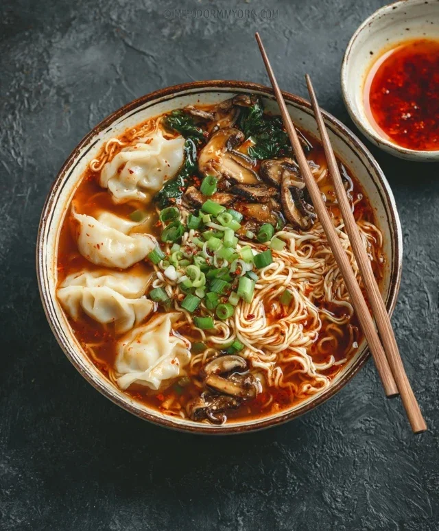 Kimchi Noodle Soup with Dumplings