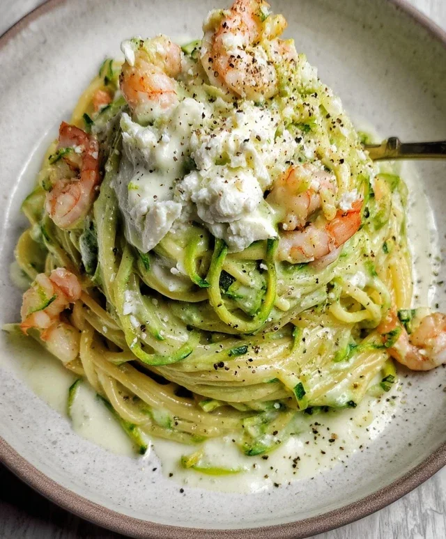 SPAGHETTI CON CREMA DI ZUCCHINE, STRACCIATELLA E GAMBERI