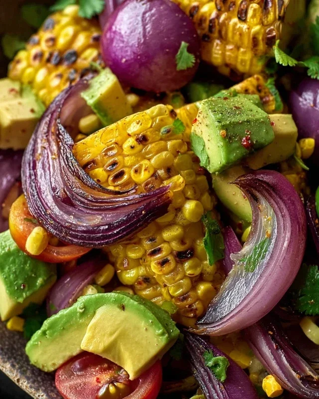 Charred Corn Avocado Salad with Roasted Red Onions