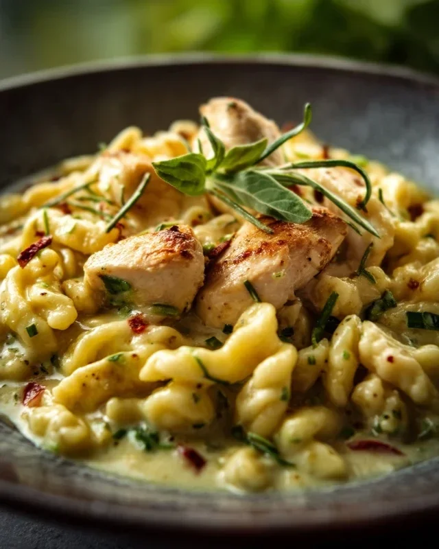 Spaetzle Pfanne Mit Haehnchen In Baerlauchrahm