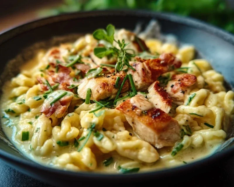 Spaetzle Pfanne Mit Haehnchen In Baerlauchrahm