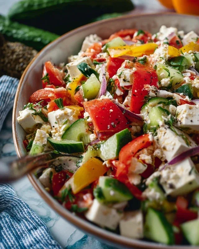 Mediterraner Reissalat mit Feta, Gurken und Paprika