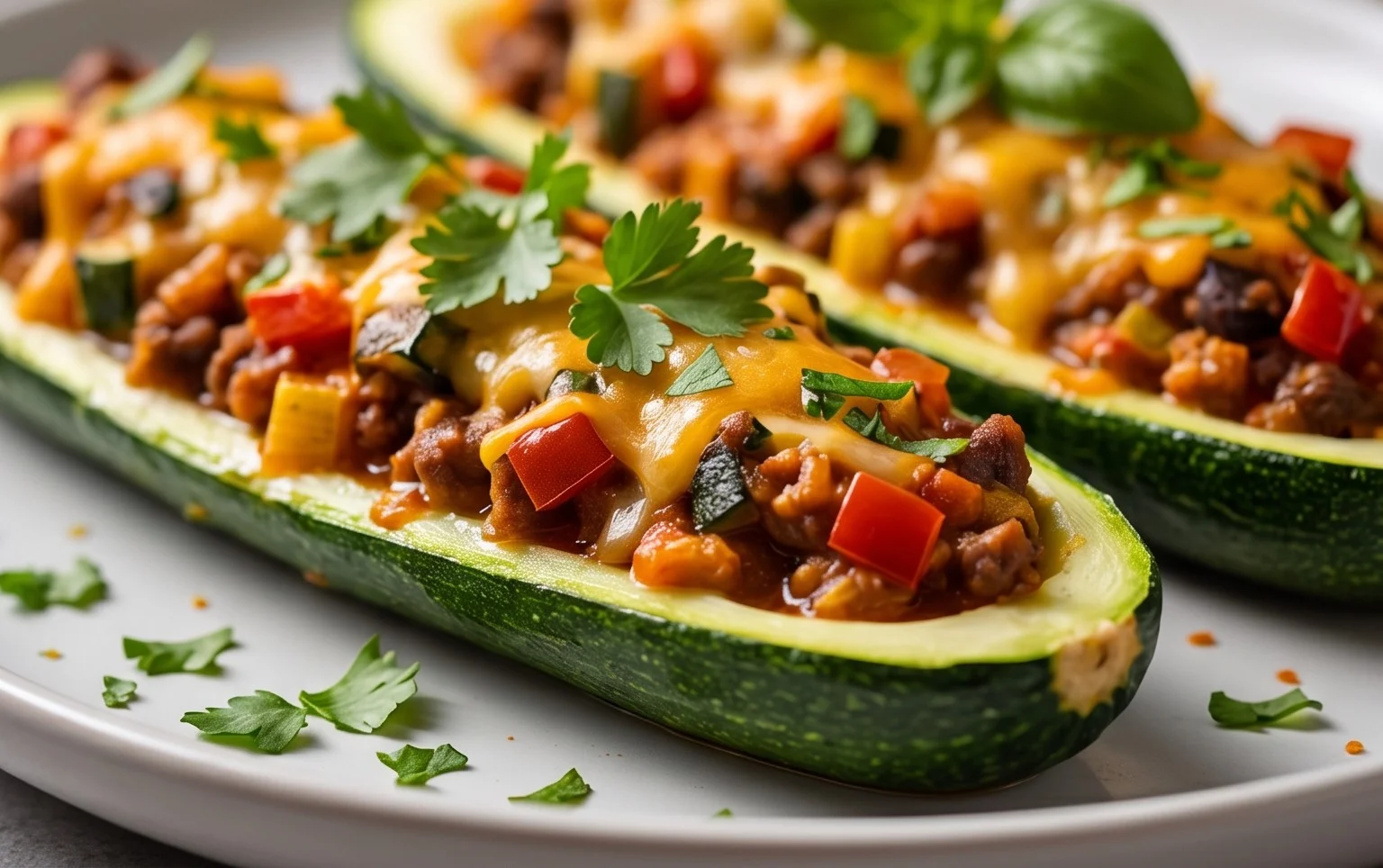 Gefüllte Zucchini-Schiffchen nach mexikanischer Art (Low Carb, Vegan)