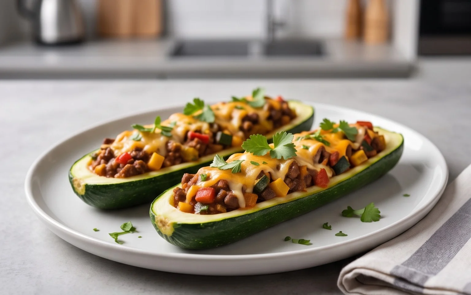 Gefüllte Zucchini-Schiffchen nach mexikanischer Art (Low Carb, Vegan)