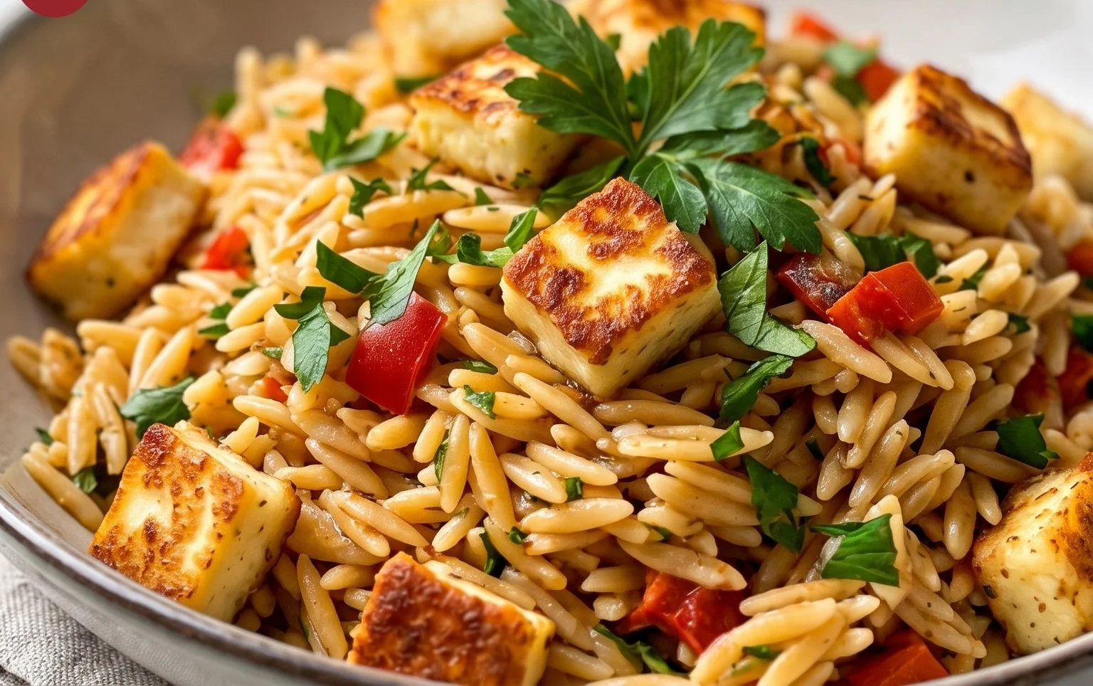 Kritharaki-Salat mit Halloumi-Croutons