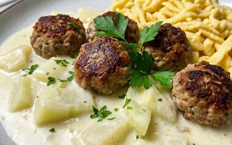 Kohlrabigemüse in heller Soße mit Frikadellen und Spätzle