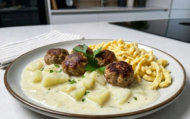 Kohlrabigemüse in heller Soße mit Frikadellen und Spätzle