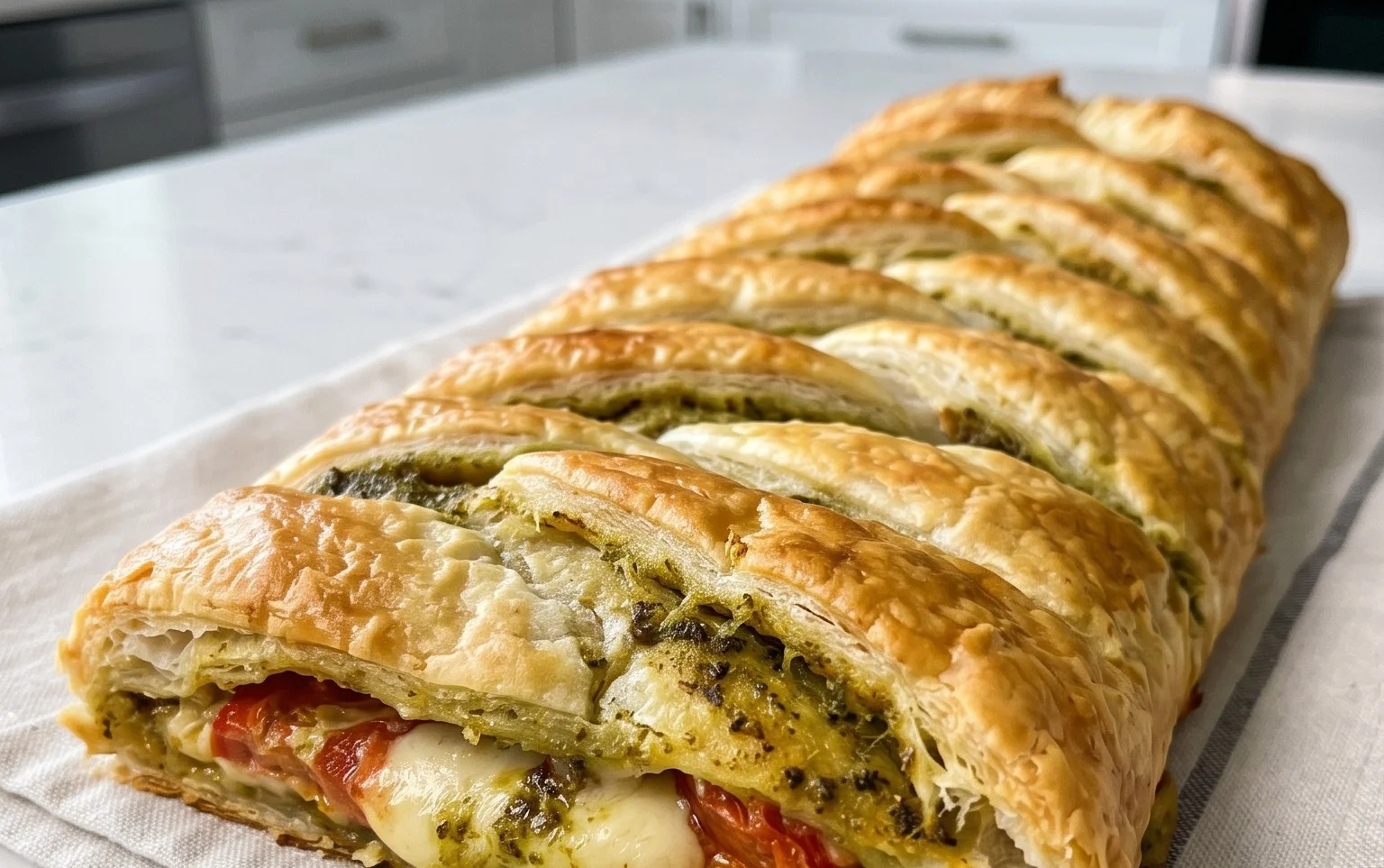 Pesto Strudel mit Tomate und Mozzarella (schnelles Rezept aus Blätterteig)