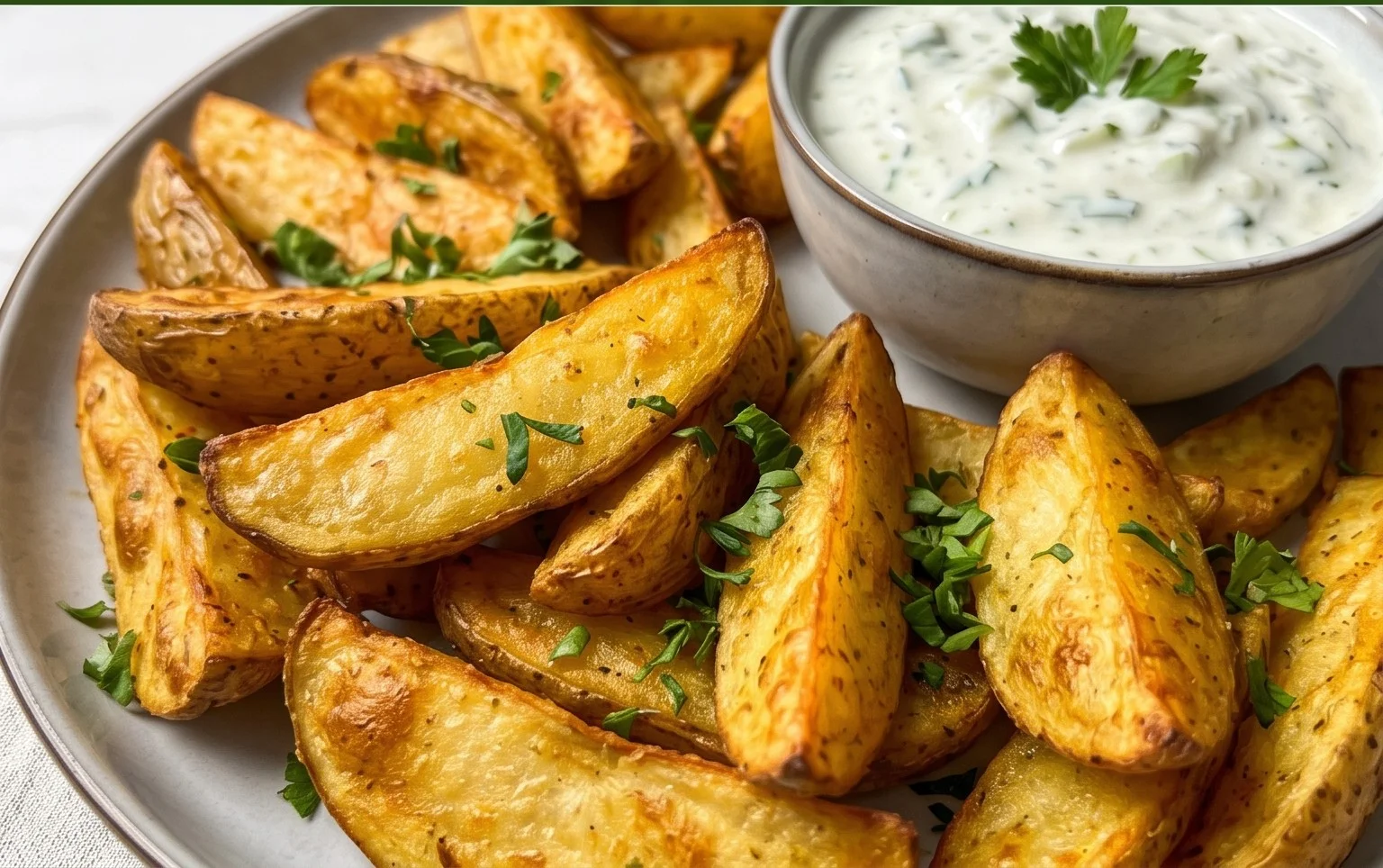 Kartoffelspalten mit Gurkendip