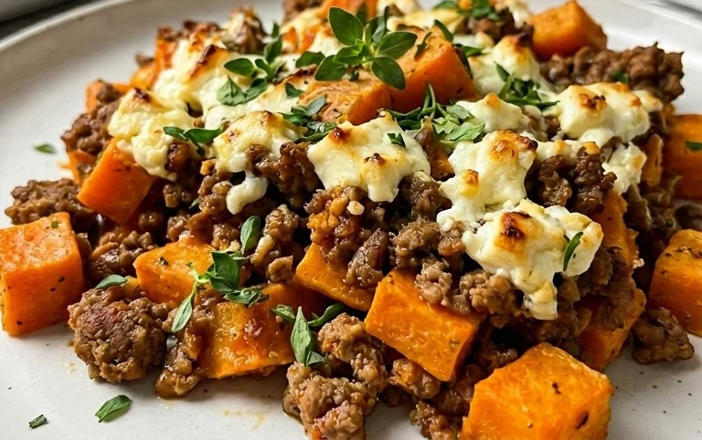 Süßkartoffel-Hackfleisch-Auflauf mit Feta