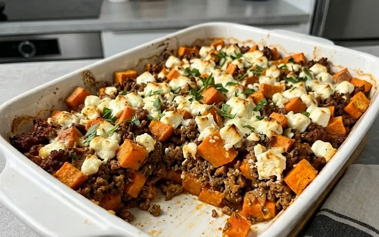 Süßkartoffel-Hackfleisch-Auflauf mit Feta