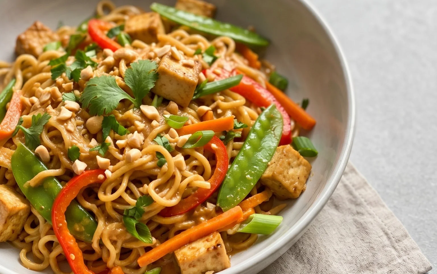 Mie Nudeln mit Erdnusssauce und Gemüse