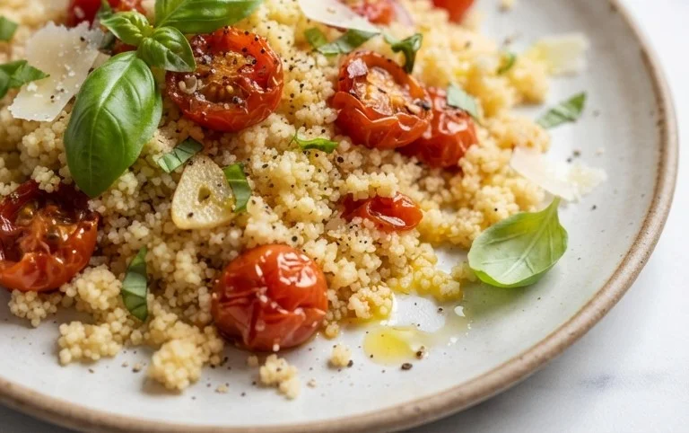 Healthy One-Pan Couscous With Garlic, Tomatoes And Basil
