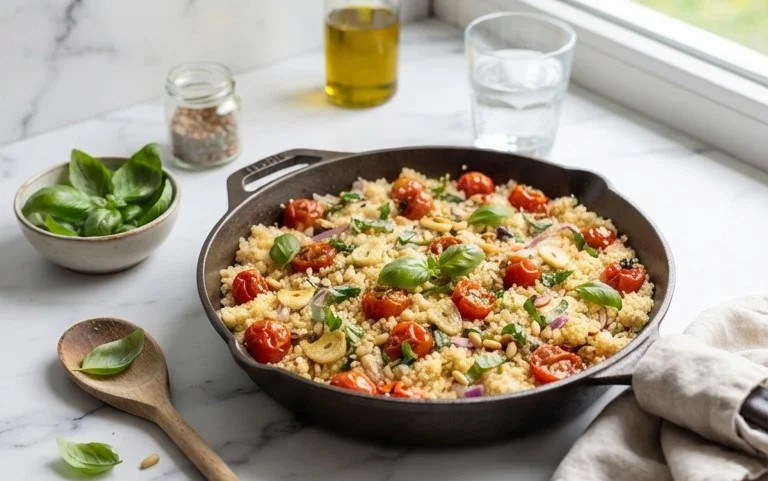 Healthy One-Pan Couscous With Garlic, Tomatoes And Basil