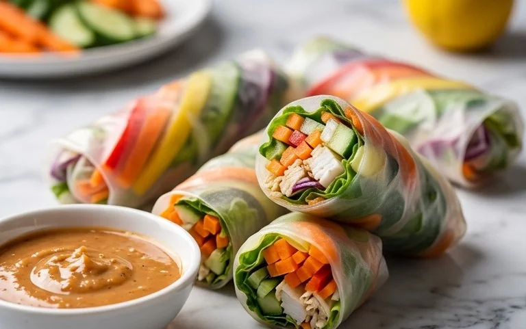 Rainbow Spring Rolls with Gin Extractger Peanut Sauce