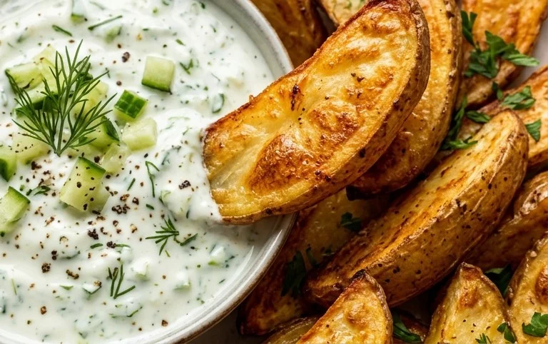 Kartoffelspalten mit Gurkendip