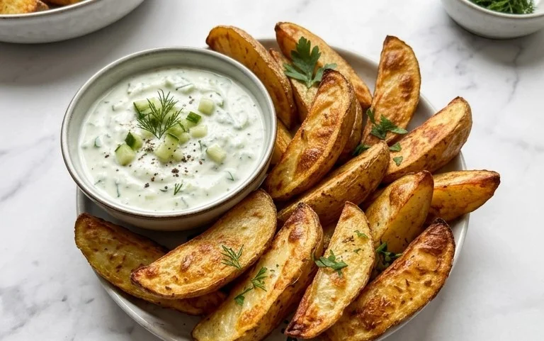Kartoffelspalten mit Gurkendip