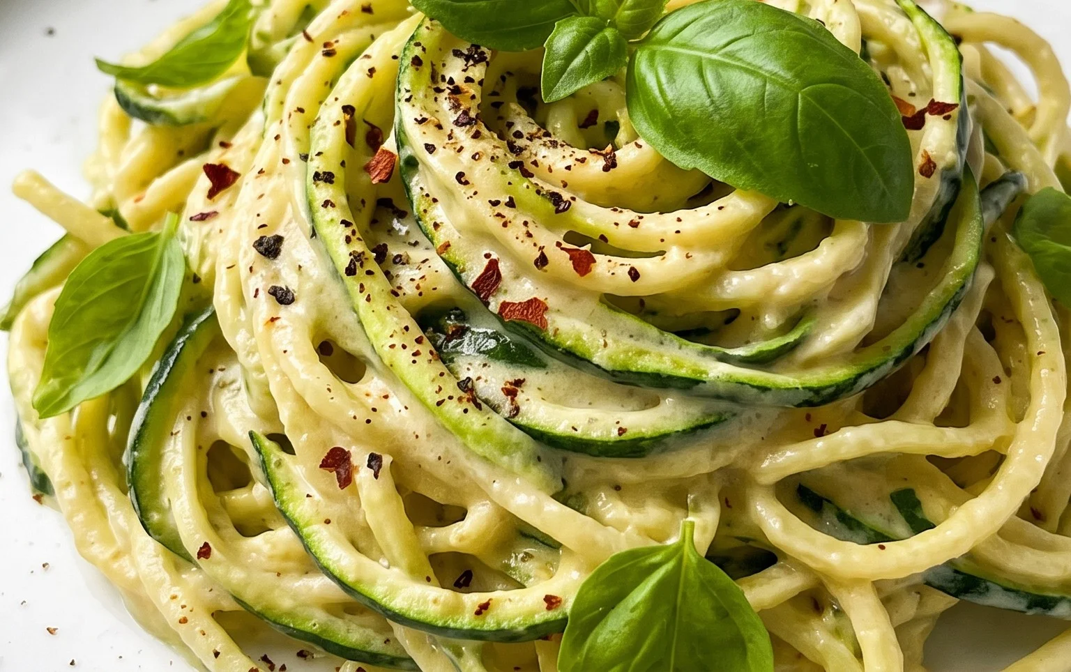 Zucchini-Spaghetti in cremiger Sauce– Zoodles