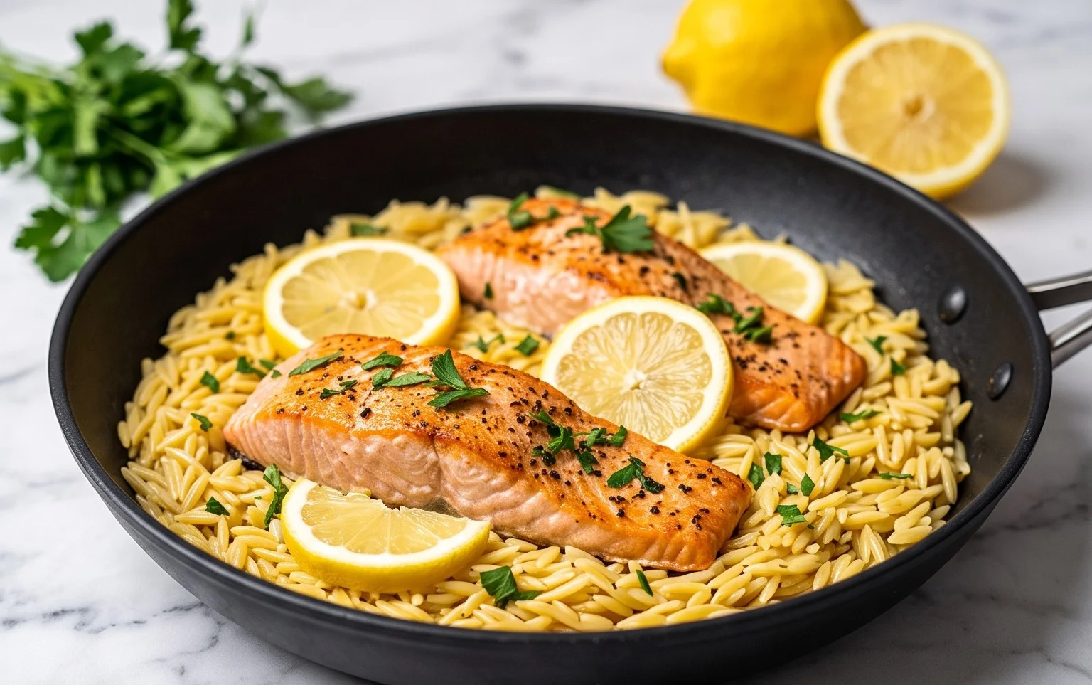 One Skillet Salmon with Lemon Orzo