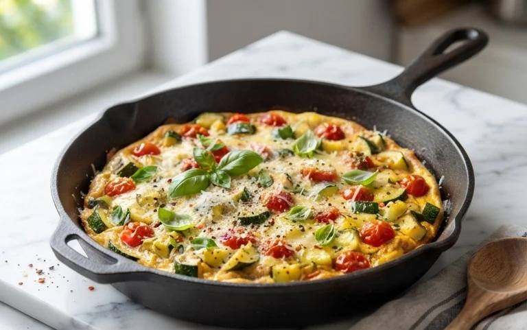 Zucchini-Omelett mit Tomaten und Basilikum