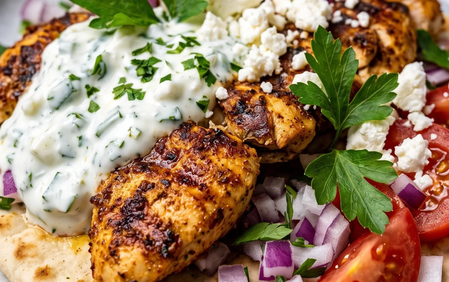 Mediterranes Hähnchen-Gyros mit Feta-Tzatziki genießen!