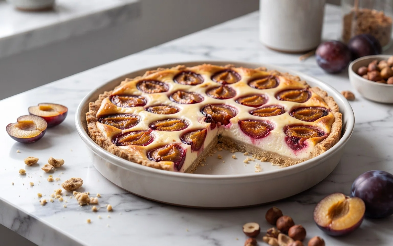 Zwetschgen-Topfenkuchen mit Nuss-Mürbteig